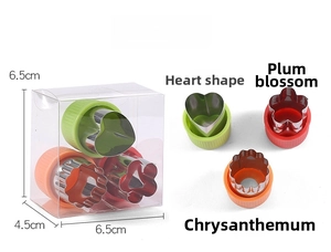 Detail of 3-piece stainless steel vegetable cutters with floral shapes in a clear box