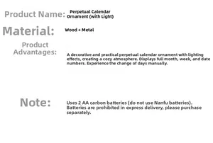Detail view of wooden lighted perpetual calendar features and battery compartment info