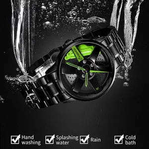 Waterproof car wheel rim watch for men with black steel strap and green brake caliper