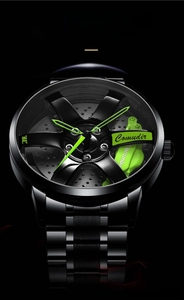 Macro detail of 3D hollow car wheel rim dial with green brake caliper on black watch