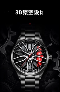 Macro view of 3D hollow car wheel rim watch face with a red brake caliper detail