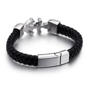 Men's woven black leather bracelet featuring a silver stainless steel anchor clasp