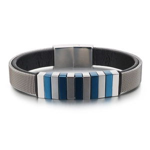 Herren Edelstahl Mesh Armband Mit Lederfutter Magnetverschluss Geometrische Dekor Mode Business Armreif