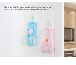 Hanging mesh storage bags in pink and blue for closet or bathroom organization