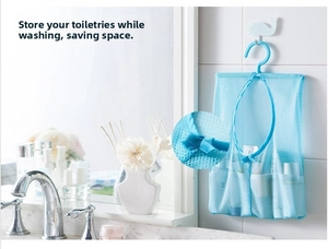 Blue mesh hanging organizer with multiple pockets for bathroom toiletries storage