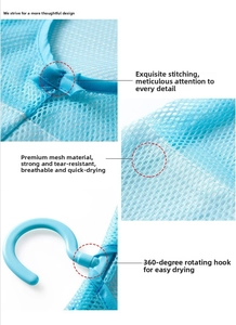 Close-up of reinforced seams, breathable mesh fabric, and a 360-degree rotating blue hook