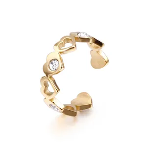 Bague Ouverte Coeur Creux Acier Inoxydable Zircone Cubique Ajustable Bijoux De Mode Pour Femmes