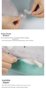 Detail of snap fastener and hidden zipper on plush unicorn memory foam travel neck pillow