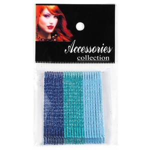 Three-color glitter bobby pin set in blue shades, shown in clear retail packaging