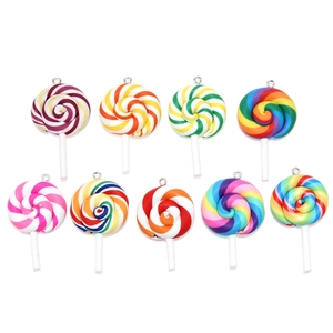 Colorful resin lollipop pendants with metal rings shown in multiple vibrant colors