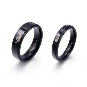 Bagues De Couple His Queen Her King Acier Inoxydable 316L Noir Couronne Gravée Bijoux Pour Amoureux