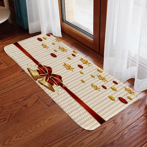 Close-up of flannel Christmas floor mat with festive red bow and golden stars on wood floor