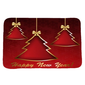 Red Christmas flannel doormat with gold Happy New Year text and holiday tree ornaments