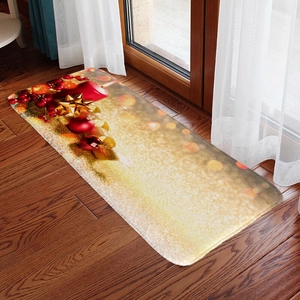 Christmas flannel absorbent mat with red candles and golden bows on wooden floor