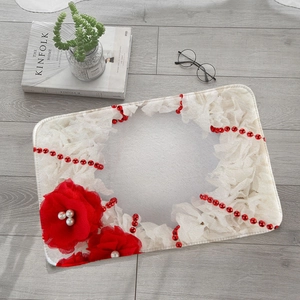3D floral flannel floor mat with red flowers and white lace on grey wooden floor