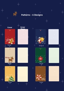 Detail view of 6 cute Christmas cards with festive patterns, envelopes, and inner pages