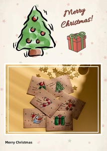 Close-up of vintage kraft paper Christmas cards with hand-drawn holiday illustrations