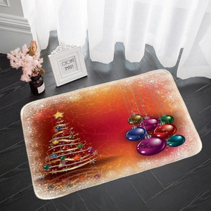 Detail of Christmas flannel floor mat featuring a glowing tree and snowflakes on wood floor