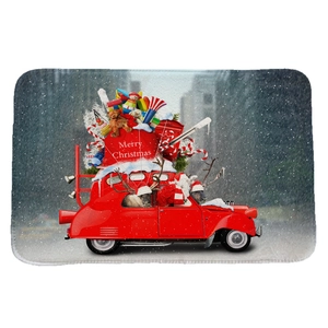 Christmas flannel absorbent door mat with vintage red car and reindeer snow scene
