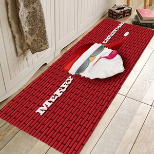 Detailed view of non-slip Christmas runner rug featuring cartoon Santa Claus on red brick base