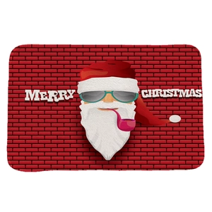 Absorbent flannel Christmas floor mat featuring a cool Santa Claus on red brick texture