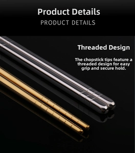 Close-up of non-slip threaded tips on gold and silver stainless steel chopsticks