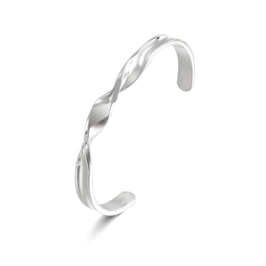Polished silver Mobius twist cuff bracelet in a minimalist open metal design
