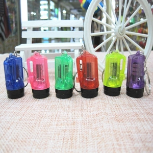 Close-up of pencil sharpener keychain pendants in six vibrant translucent colors