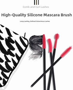Pink silicone mascara brushes with black handles and a stylish zipper storage pouch