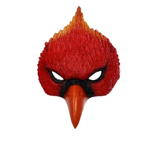 Detailed view of red bird masquerade mask featuring vibrant feathers and a long orange beak