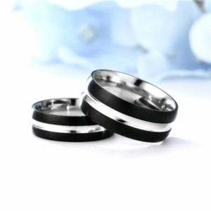 Classic two-tone titanium steel couple rings with black matte finish and silver inlay