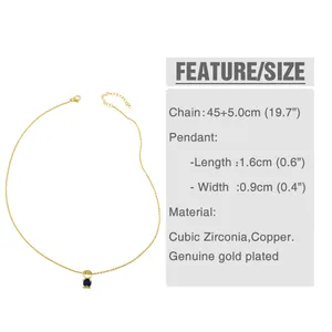 Specifiche delle dimensioni per una collana placcata oro con ciondolo in zirconia blu