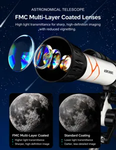 Detail van astronomische telescoop met FMC meerlaagse coating en vergelijking van maanbeelden
