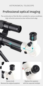 Detail showing 20x 30x 40x interchangeable eyepieces and optical adjustment for telescope