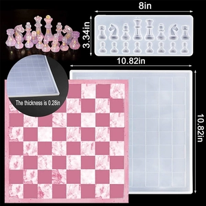 Detailed view of DIY resin chess board and piece silicone molds with dimension markers