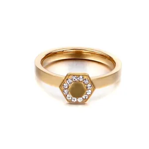 Hexagon Geometric Ring Stainless Steel Rhinestone Encrusted Elegant Minimalist Fashion Jewelry For Women