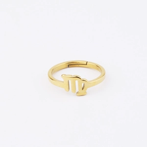 Detail of 18k gold Virgo zodiac sign on adjustable stainless steel mirror ring