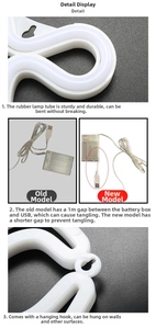 Detail of flexible rubber LED moon neon light showing USB battery box and hanging hole