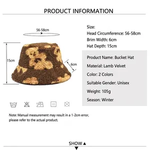 Lambswool bucket hat with panda print and detailed size chart for winter outdoor warmth