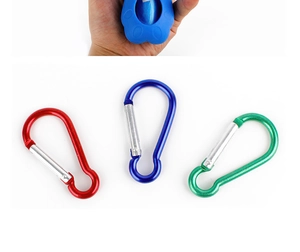 Blue paw-print pet waste bag dispenser shown with three colorful carabiner clips