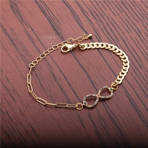 Golden infinity bracelet with colorful zircon stones on mixed punk style double chains
