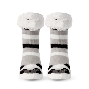 Detail of fleece-lined panda socks with non-slip grips and striped knit texture