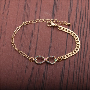 Gold-plated infinity bracelet with colorful cubic zirconia on a minimalist double chain