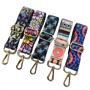 Ethnic bohemian style wide crossbody bag straps with golden adjustable metal hooks