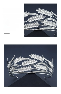 Macro detail of handmade silver wheat bridal tiara with sparkling crystal rhinestones