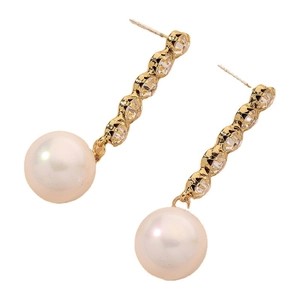 Elegant long pearl drop earrings with sparkling rhinestones and gold finish