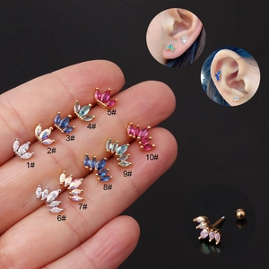 Marquise Cubic Zirconia Crown Ear Cartilage Studs With Stainless Steel Earring Post Screw Ball Back Piercing Jewelry