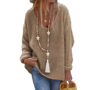 Women's khaki V-neck knit sweater in loose oversized fit with long sleeves and tassel