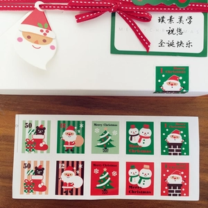 Colorful rectangular Christmas stamp stickers with festive Santa and reindeer illustrations