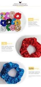 Macro detail of sequin hair scrunchies in multiple colors like red blue and gold
